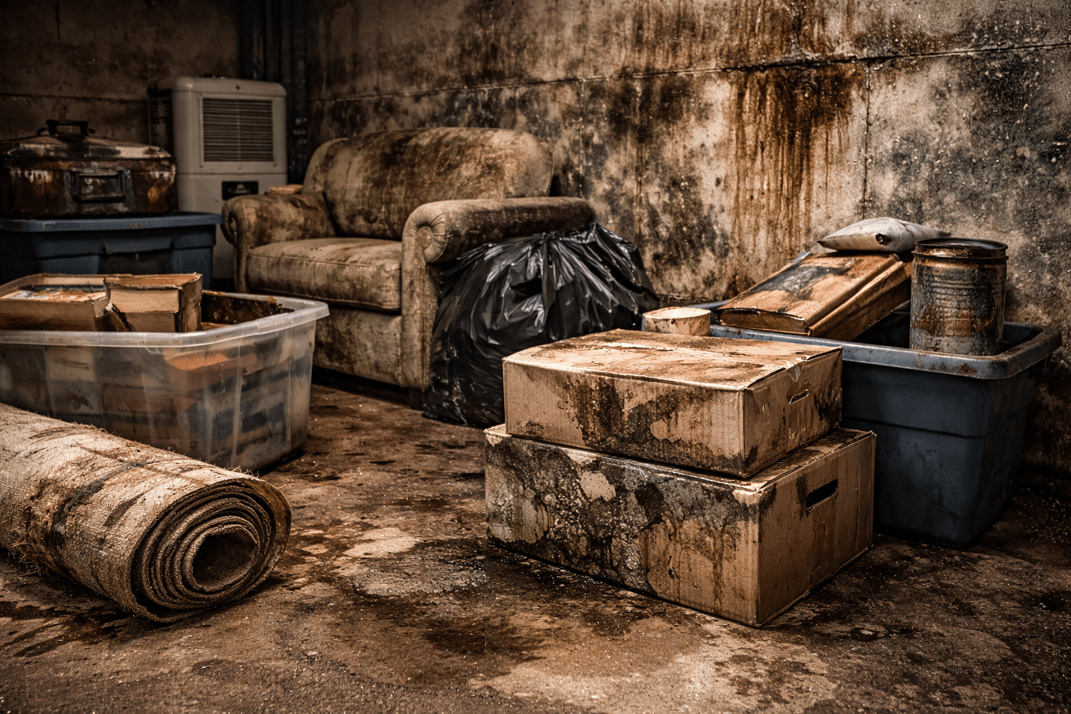 Basement moisture and mold damage on stored items