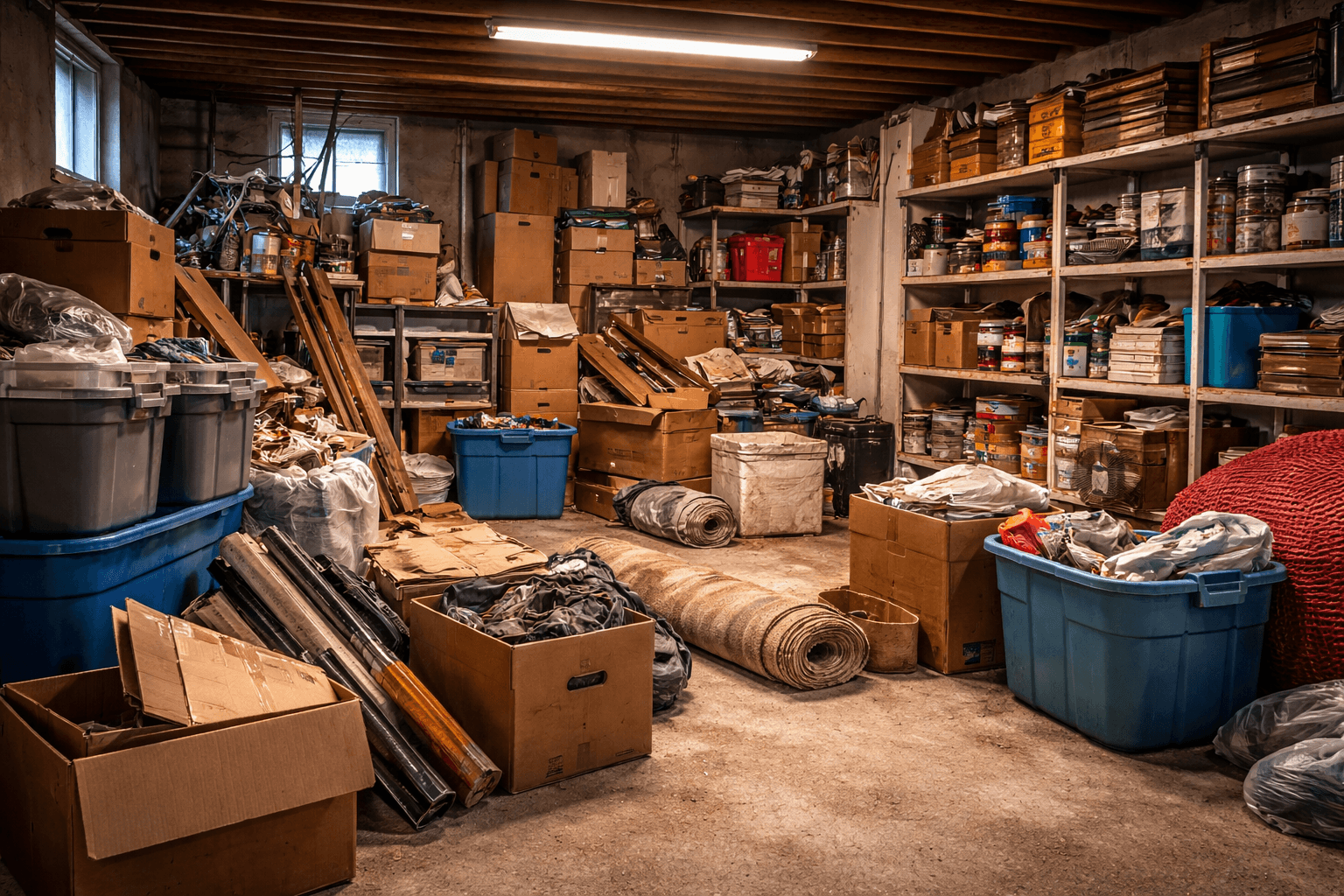 Basement filled with clutter and storage items before cleanout