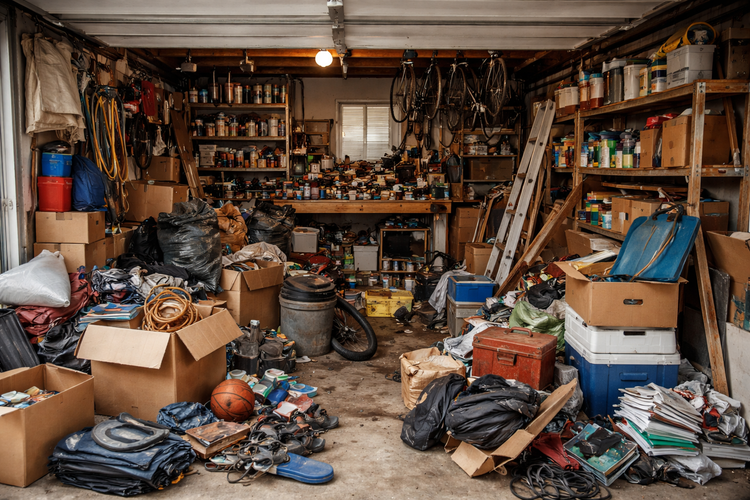 Garage filled with clutter before a weekend cleanout project