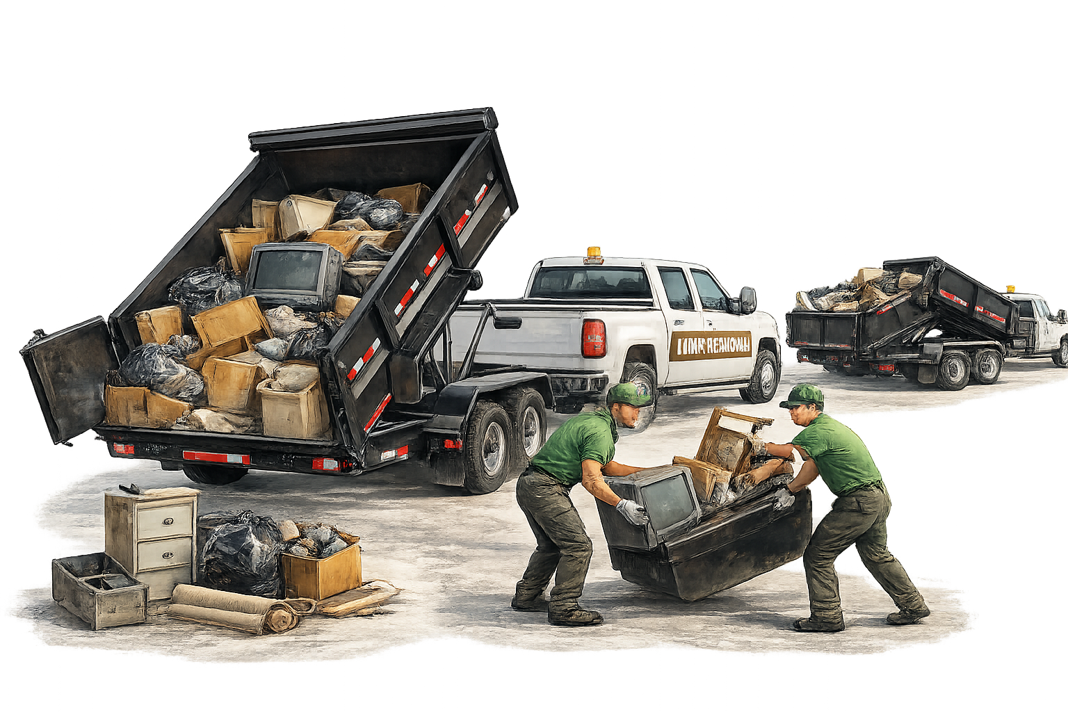 Junk removal crew loading debris into a dump trailer for trash hauling in Kansas City