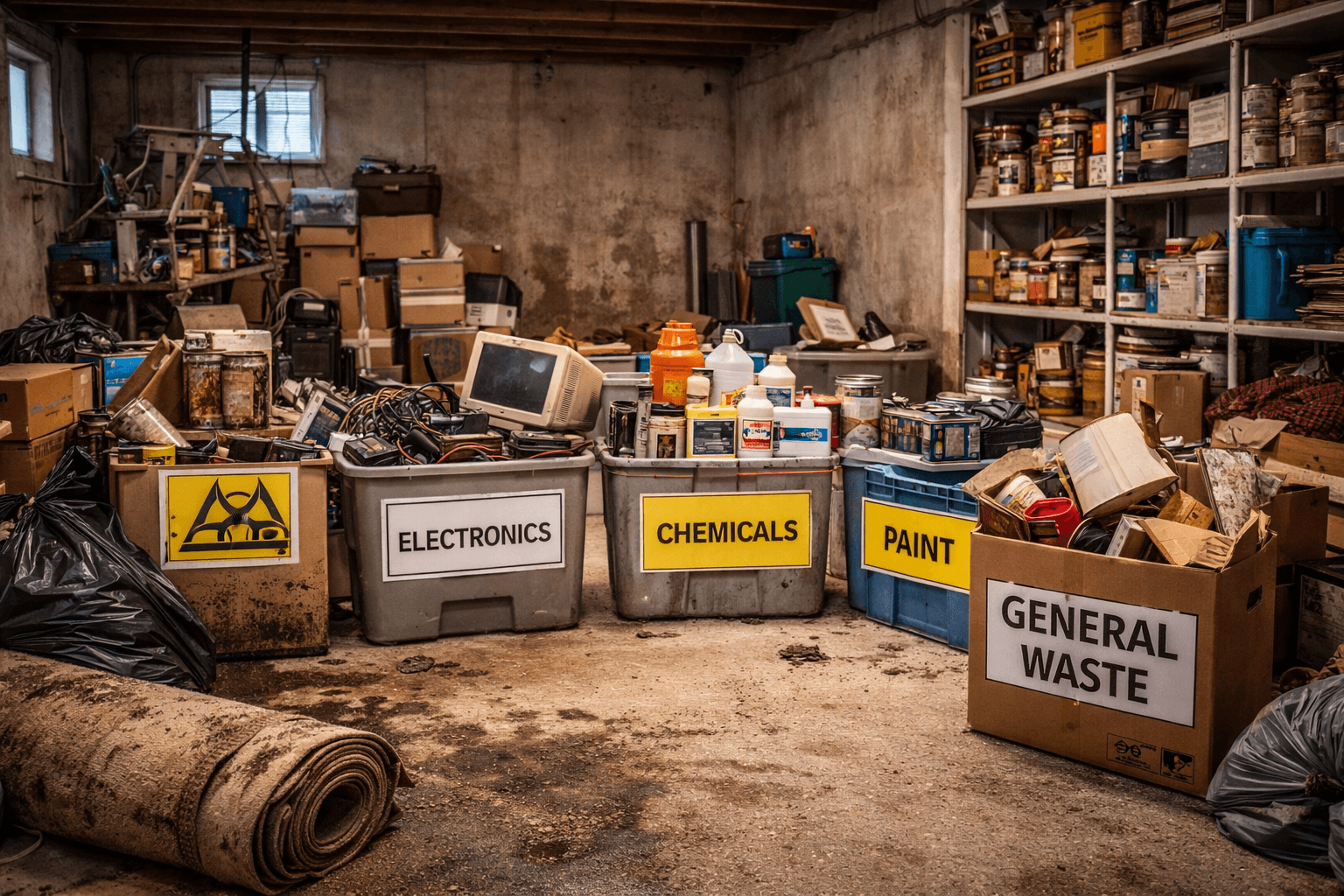 Household items sorted for disposal during basement cleanout