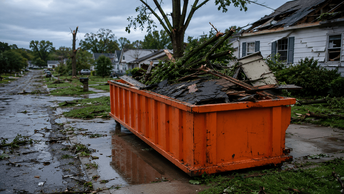 Storm damage cleanup debris loaded into a roll off dumpster in Kansas City